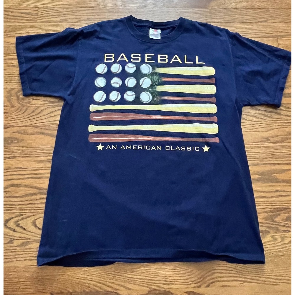 Vintage Fruit of the Loom Baseball American Classic Flag T-Shirt Navy Blue Large